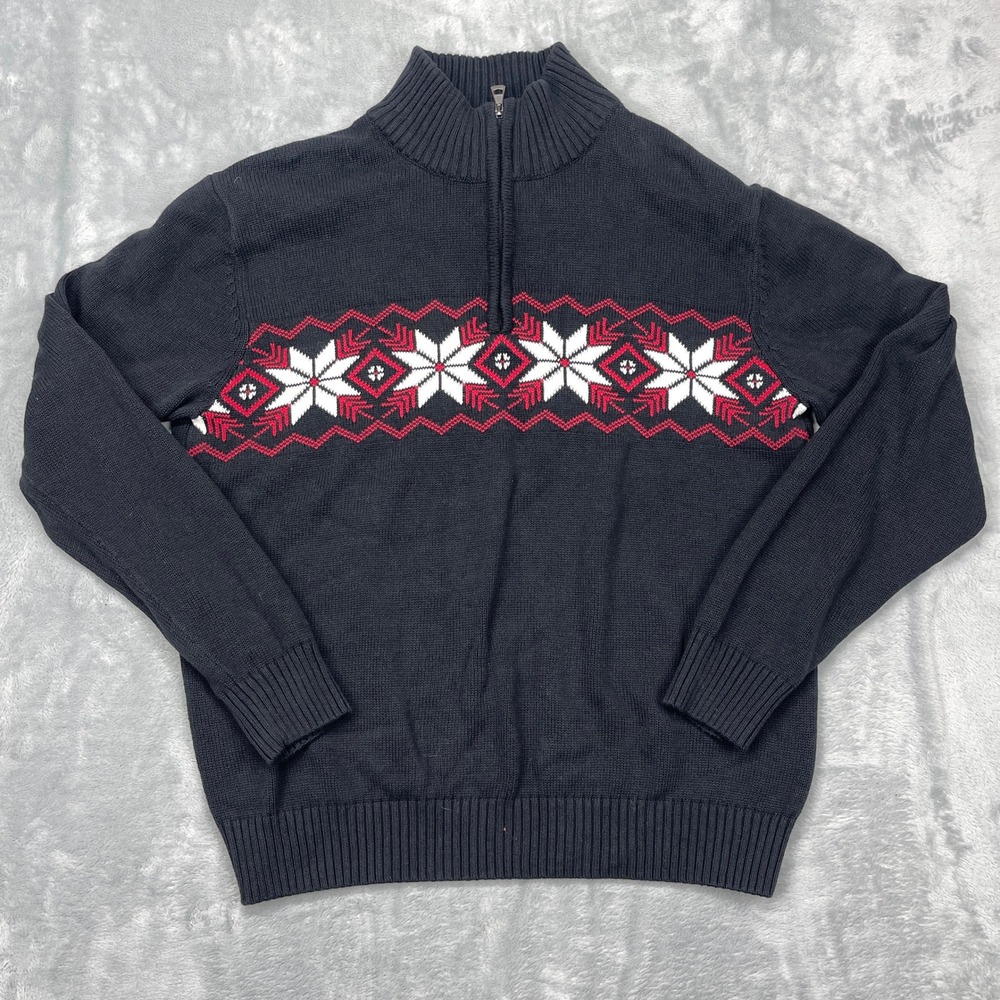 Weatherproof Vintage Sweater‎ Mens L Black Knit Fair Isle Snowflake Quarter Zip
